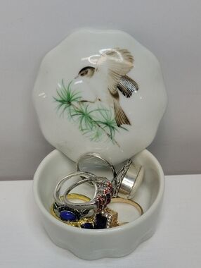 Porcelain Trinket Box with Bird Design Filled Wuth Sz 10 Rings